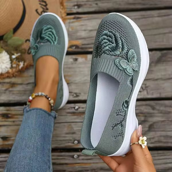 Women's Embroidered Breathable Knit Flat Shoes For Women, Slip On Platform Walking Sneakers, Casual Comfort Non Slip Loafers